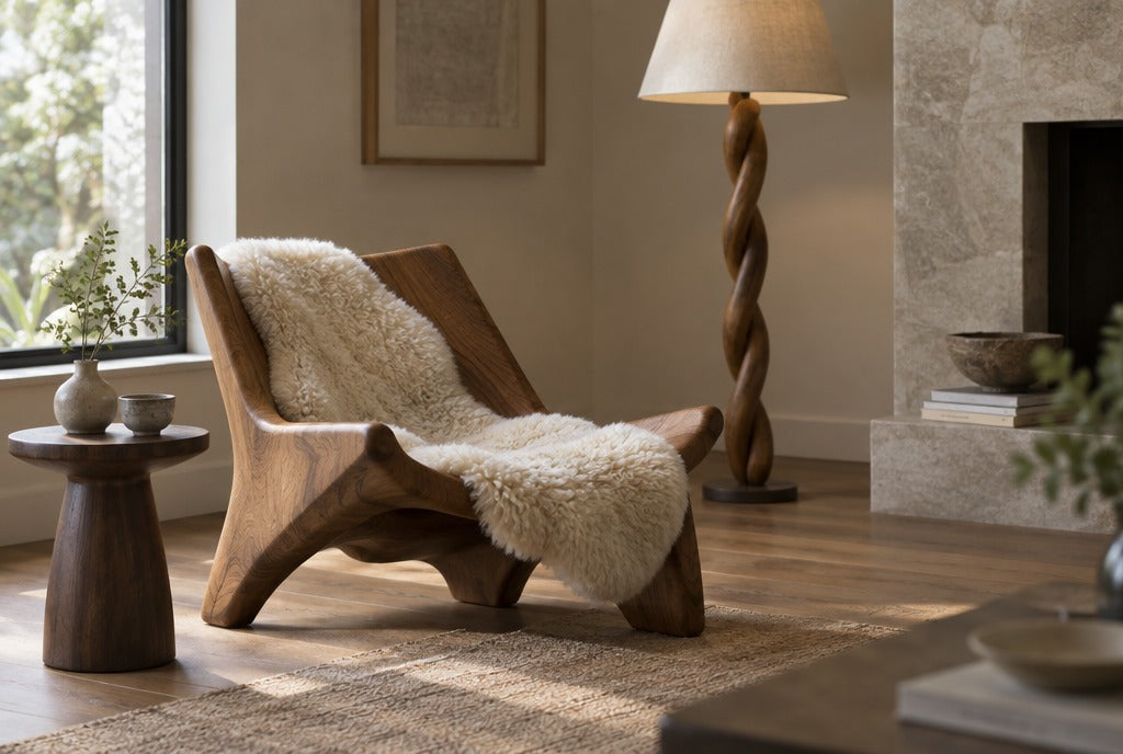 A living room corner with a sculptural solid wood lounge chair, a sheepskin throw, a small side table and a twisted wood floor lamp