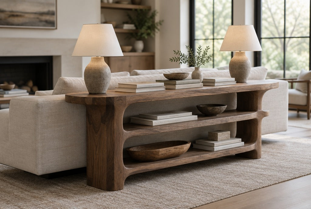 A living room with a sculpted solid wood console table with shelves behind a floating linen sofa, two lamps and books on top