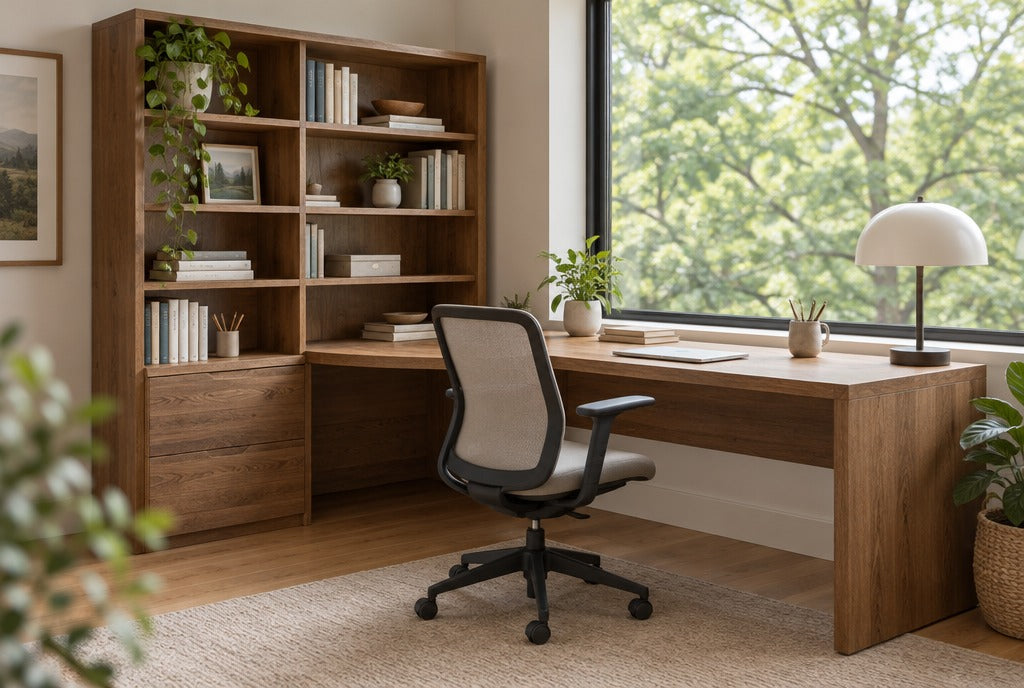 A bright home office with a solid wood L-shaped desk with a bookshelf, a desk chair, a lamp and a window to green trees
