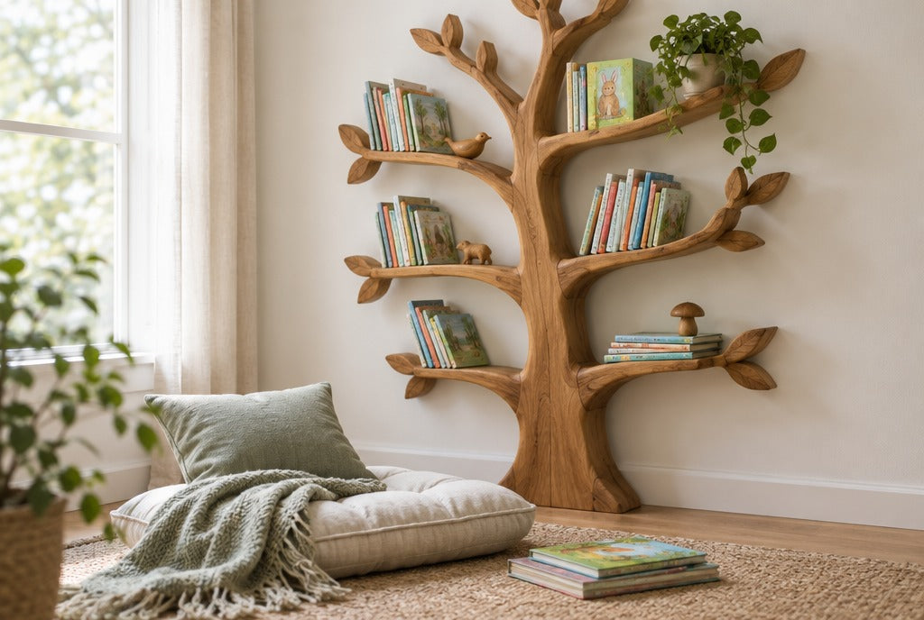 A cozy reading nook with a carved solid wood tree bookshelf on a pale wall, a floor cushion, a blanket and children's books