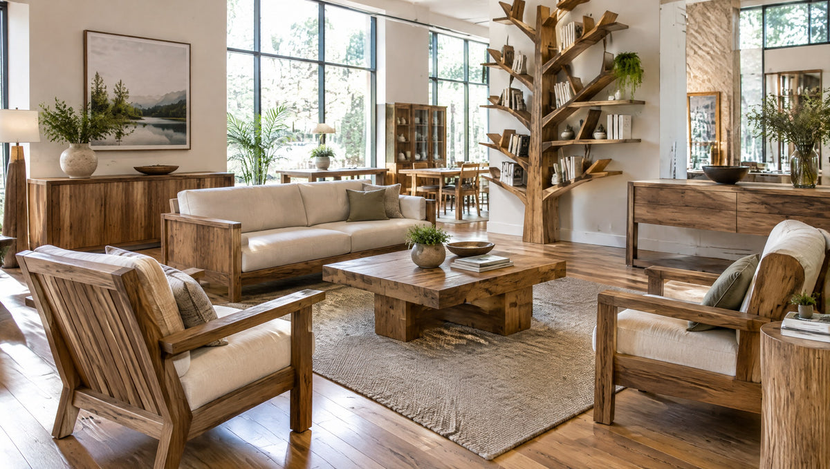 A furniture showroom with newly built solid wood chairs, consoles and a tree bookshelf