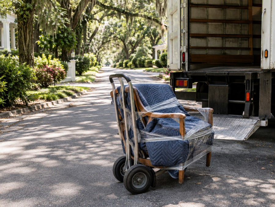 A blanket-wrapped solid wood lounge chair beside a delivery truck