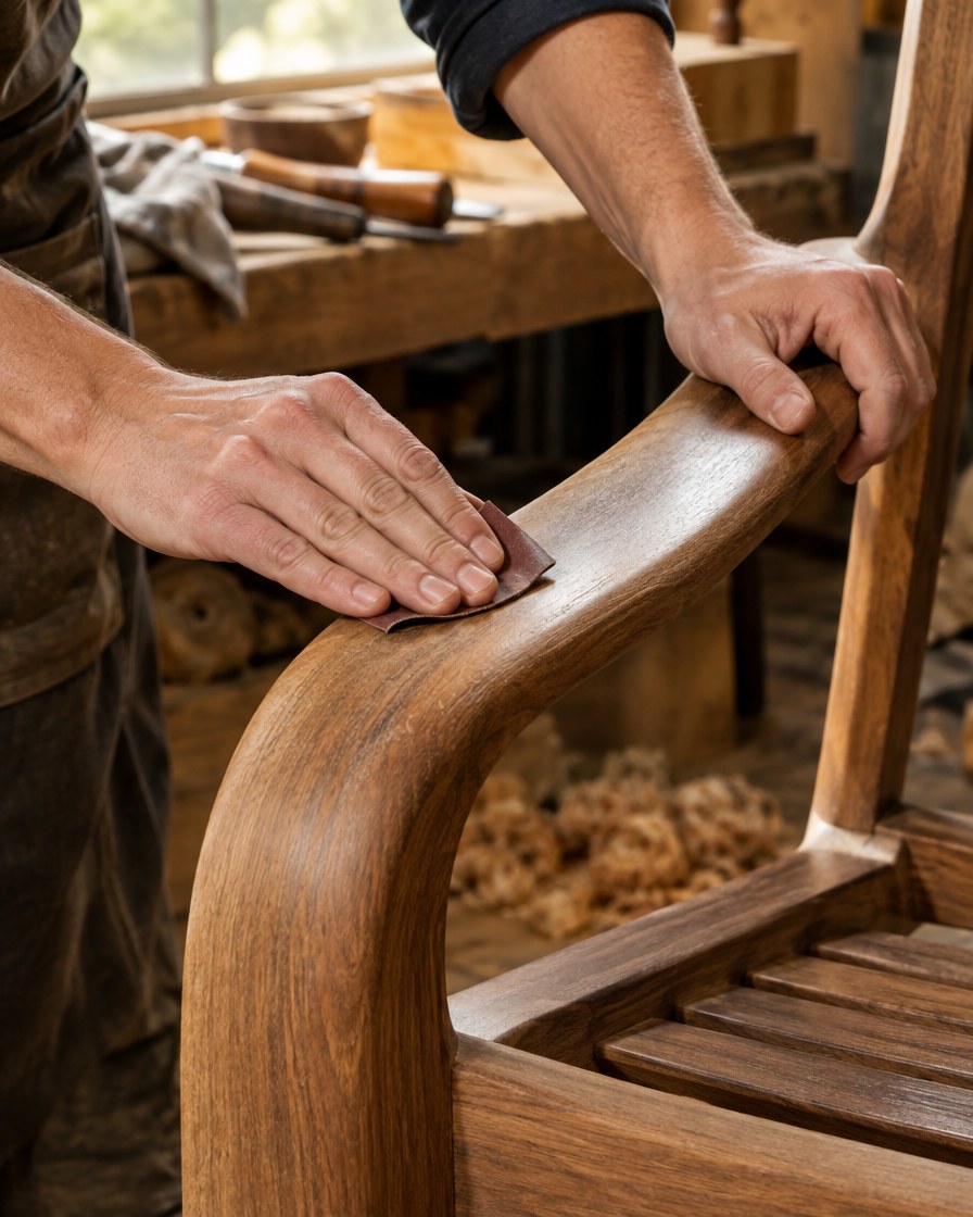 Hands smoothing the curved armrest of a solid wood chair