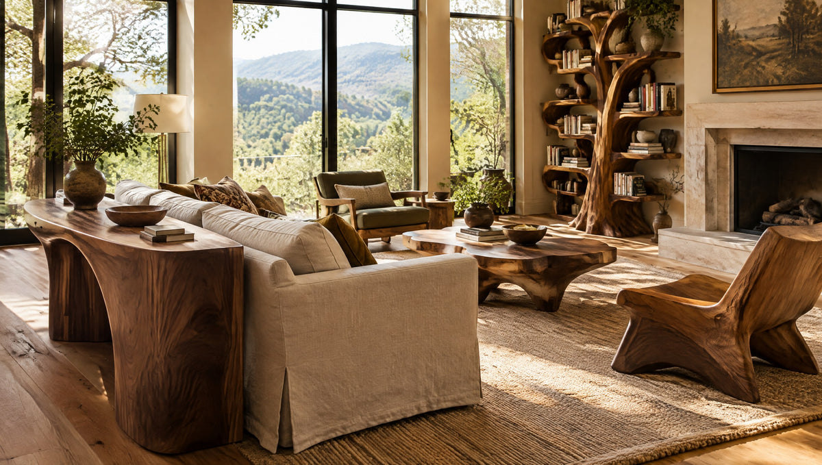 A Southern living room with a sculptural wood lounge chair, curved console and carved tree bookshelf
